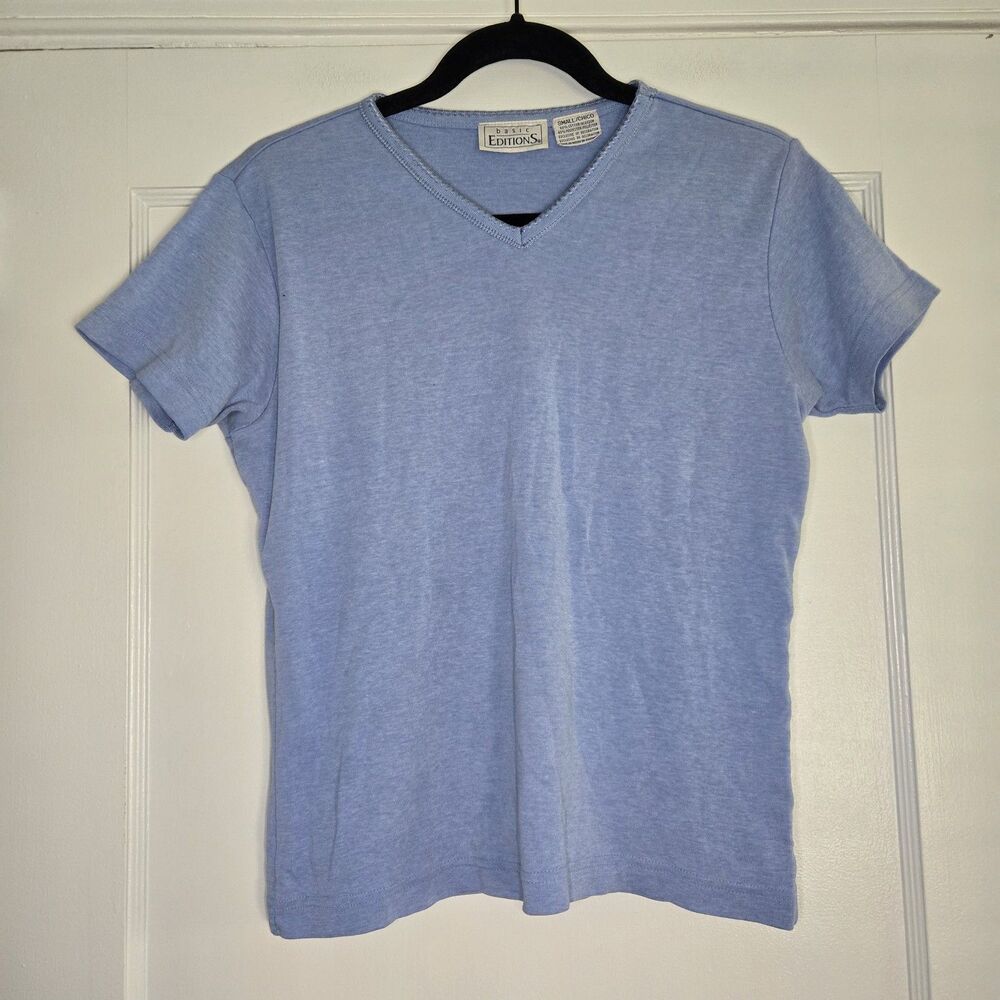 Basic Editions Blue V Neck T Shirt Womens Small Casual Minimalist Tee